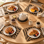 Jungle cork table set styled for breakfast for four with zebra- and spotted-pattern cork placemats