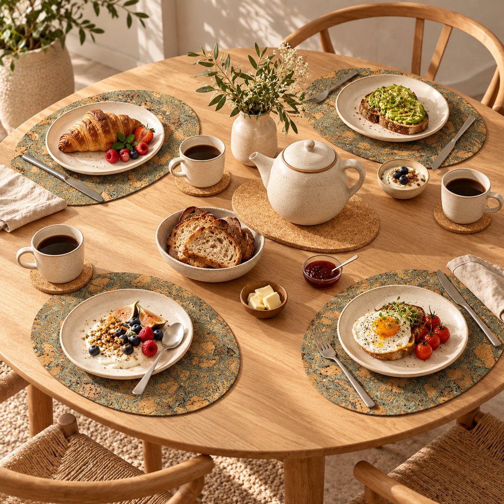 Styled breakfast table showing four Iceberg Grey oval cork placemats, round cork coasters and large natural oval trivet with teapot.