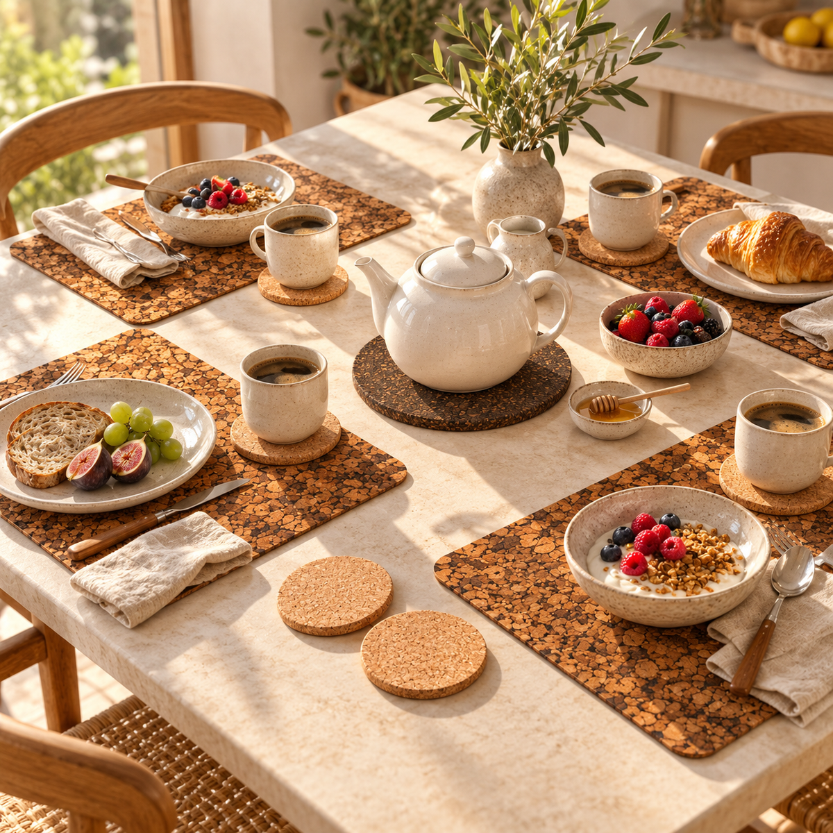 Samba cork table set in use at a sunlit breakfast table for four with four cork placemats, six coasters and one trivet.