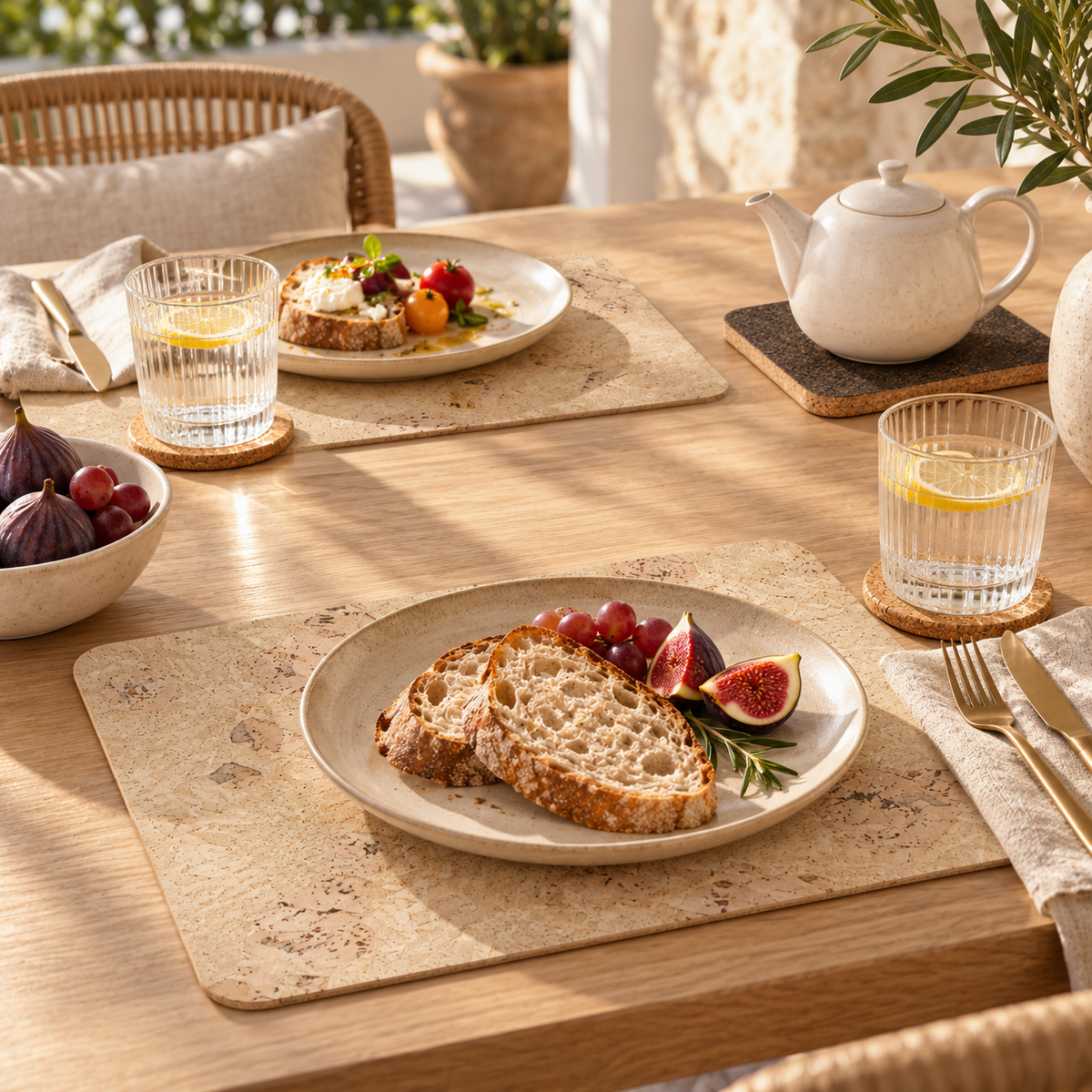 Saphire cork placemats, natural coasters and dark square cork trivet in an elegant breakfast table setting
