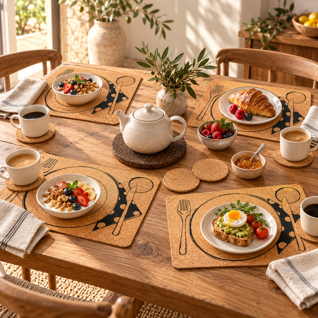 Table Service cork placemats set for four with natural coasters and dark trivet in a warm breakfast scene.