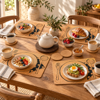 Table Service cork placemats set for four with natural coasters and dark trivet in a warm breakfast scene.