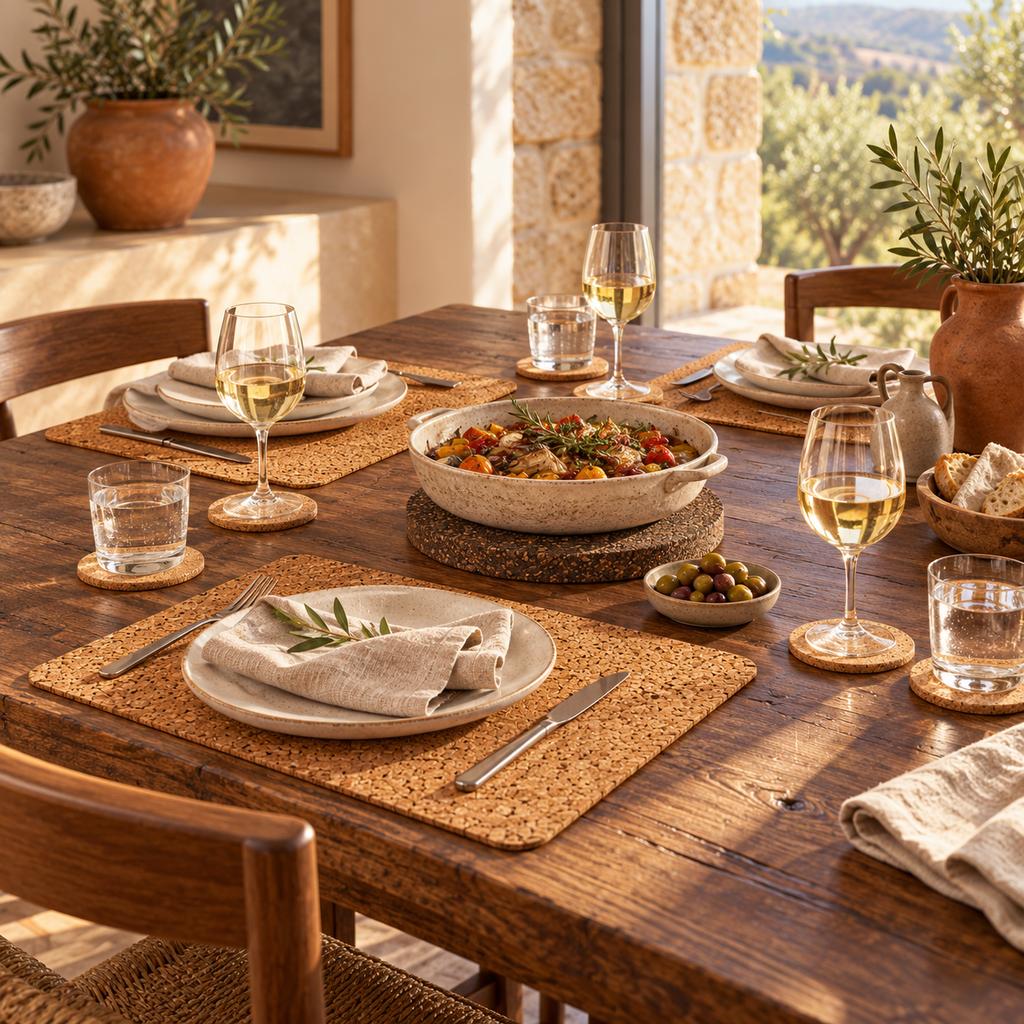 Country cork table set styled in a refined rustic dining room with four settings