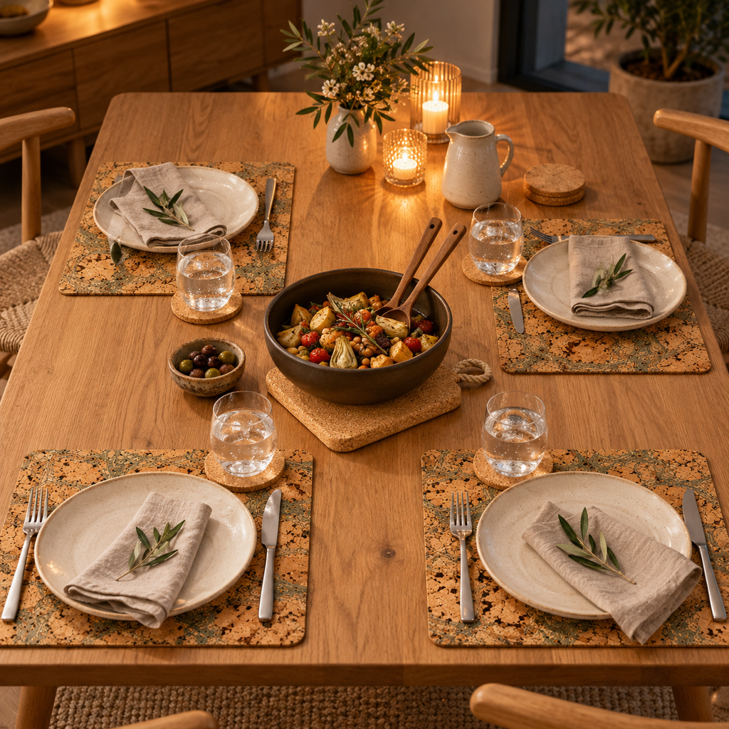Evening dinner for four using Iceberg Green cork placemats, cork coasters and square cork trivet