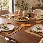 Iceberg Grey cork table set styled for four in contemporary dining room with dark cork trivet