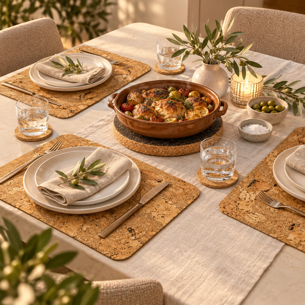 Iceberg Natural cork table set for four in a refined dining scene with four placemats, natural coasters and dark trivet.