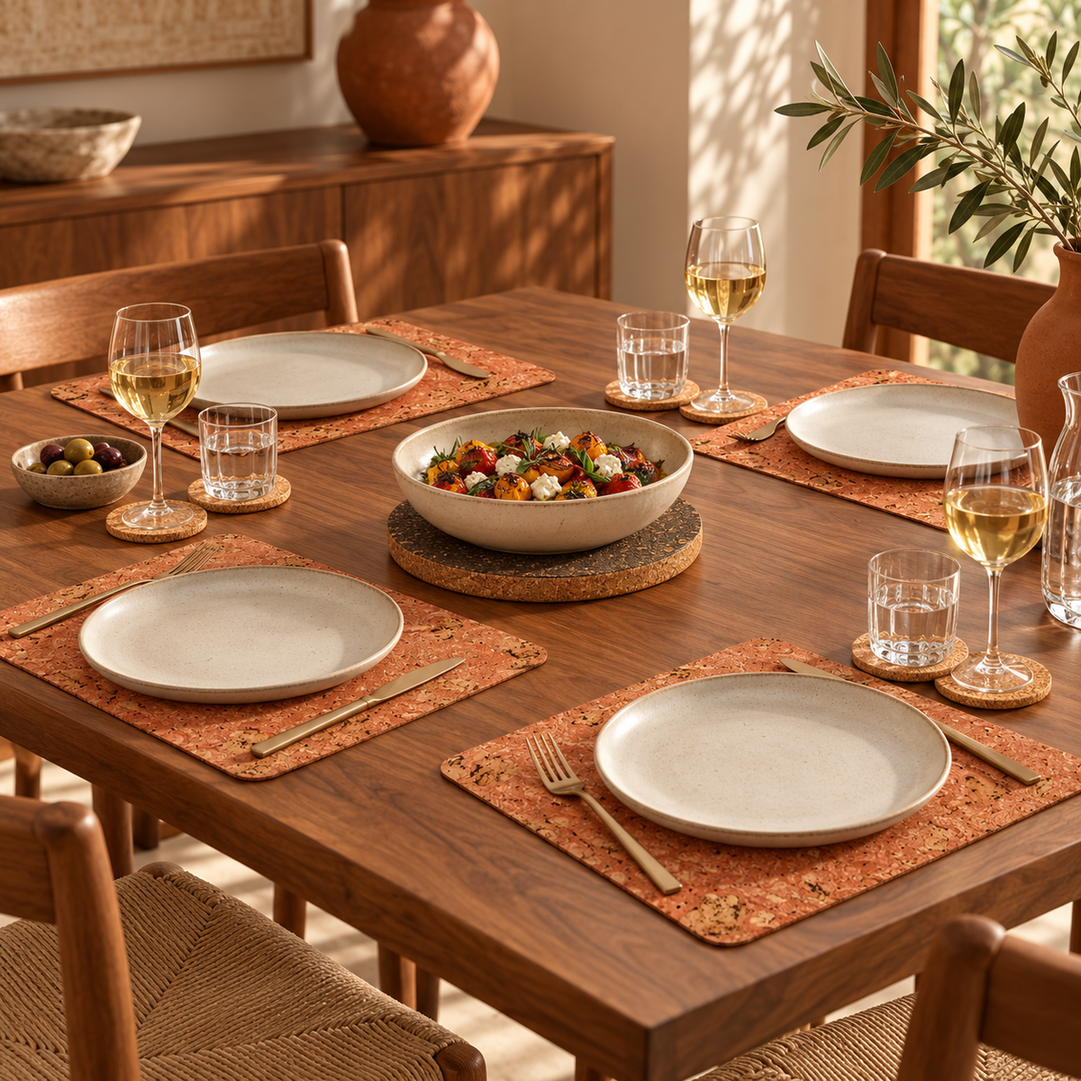 Iceberg Red cork table set in a contemporary dining room, four red cork placemats, six natural coasters and dark round trivet