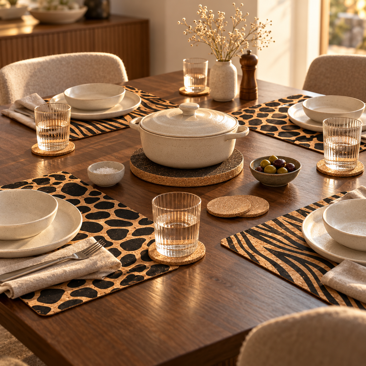 Jungle cork table set styled for a refined dining room with four animal-pattern placemats