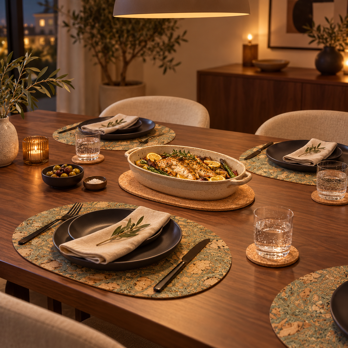 Photorealistic dinner table visualization with Oval Iceberg Grey cork placemats, natural round coasters and the single large oval cork trivet beneath a serving dish.