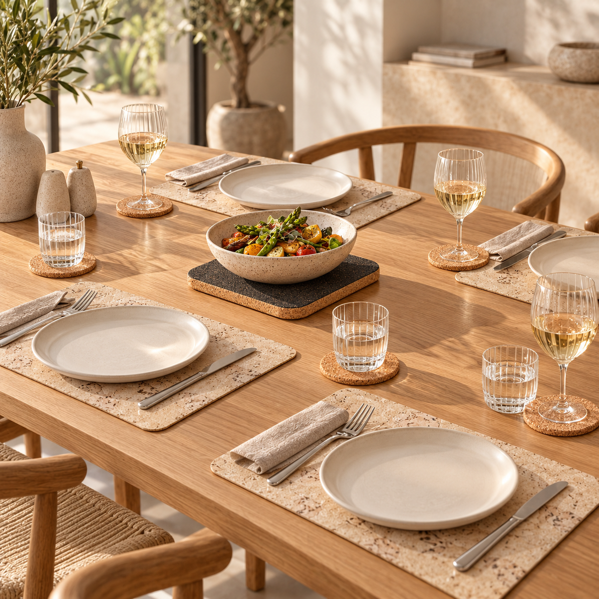 Saphire Cork Table Set arranged on a contemporary four-place dining table with natural cork coasters and dark trivet