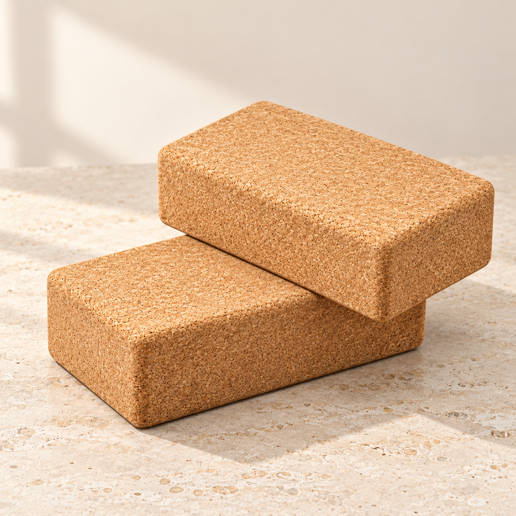 Two 65 mm cork yoga blocks layered on a pale travertine surface, natural Portuguese cork texture