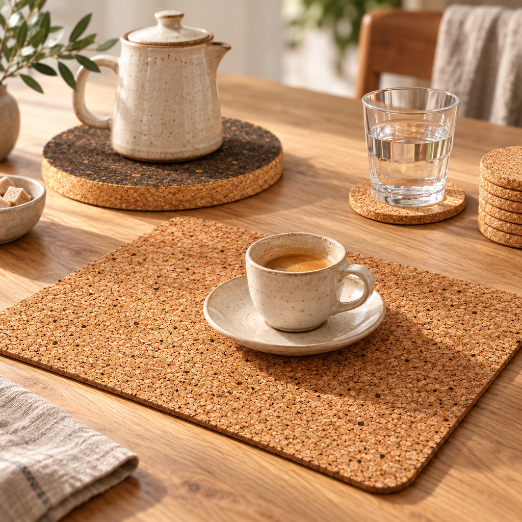Country cork placemat with coffee cup, slim natural cork coaster and dark trivet