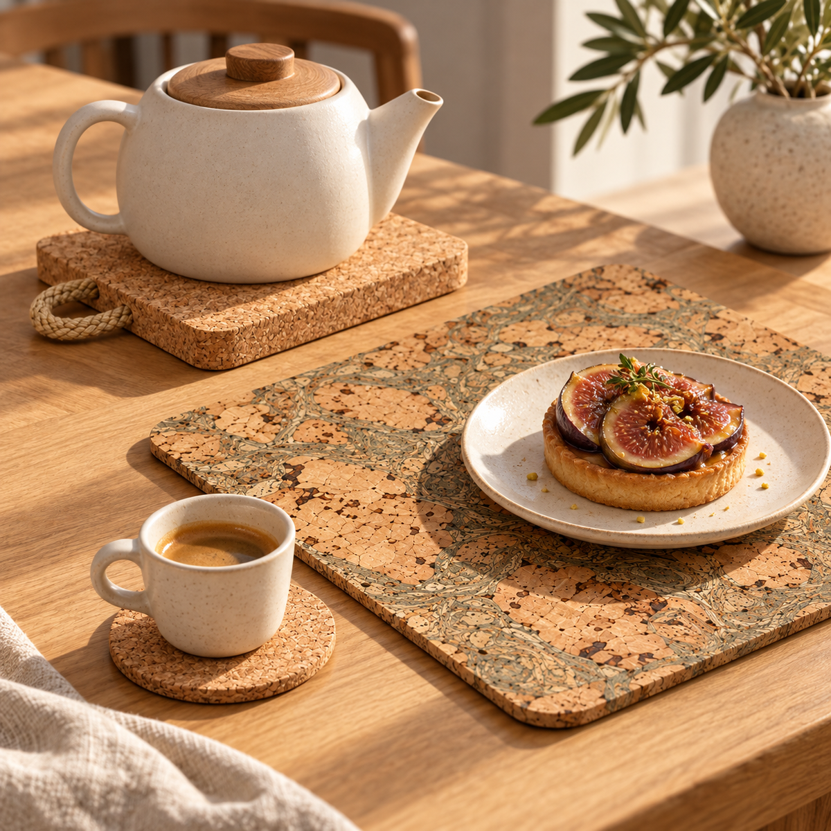 Espresso on natural cork coaster beside Iceberg Green cork placemat and square cork trivet