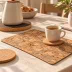 Iceberg Grey cork placemat with natural cork coaster and dark trivet in a warm coffee setting