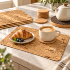 Cappuccino and croissant on Iceberg Natural cork placemat with round cork coaster and dark cork trivet in a warm coffee setting.