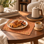 Iceberg Red cork placemat and natural coaster in a coffee setting with dark round cork trivet