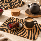 Coffee and dessert on Jungle zebra-print cork placemat with natural round coasters and dark round cork trivet