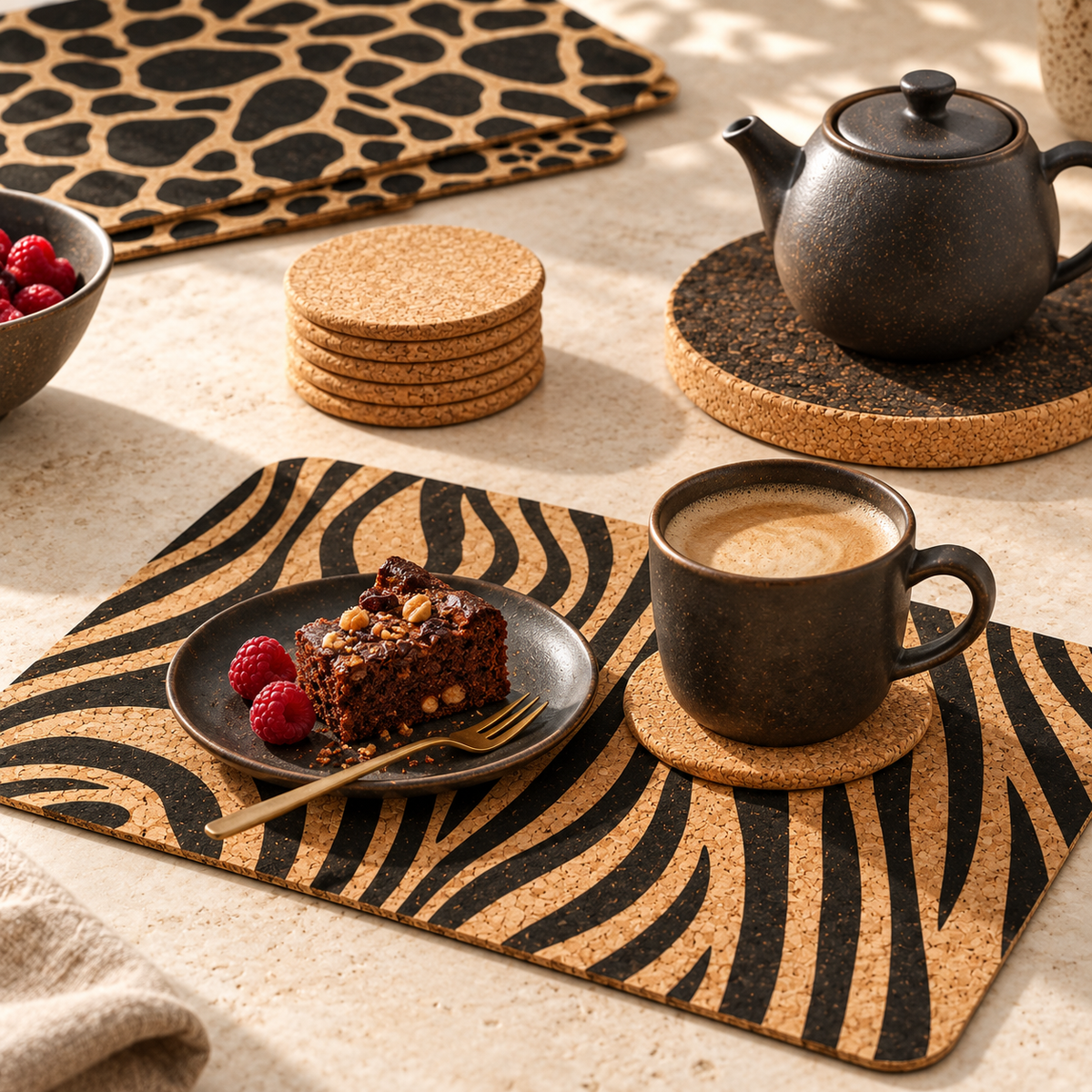 Coffee and dessert on Jungle zebra-print cork placemat with natural round coasters and dark round cork trivet