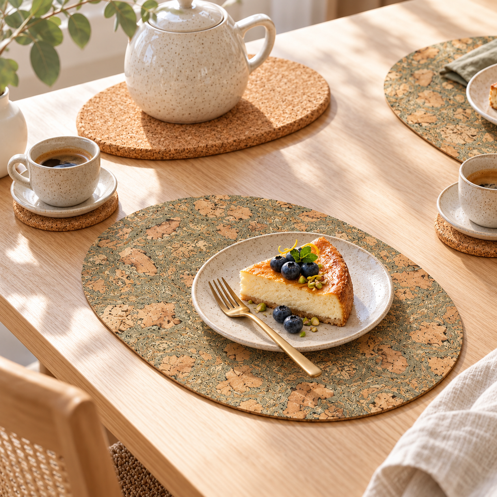 Coffee and dessert table lifestyle image highlighting oval Iceberg Grey cork placemat, round cork coasters and oval cork trivet.