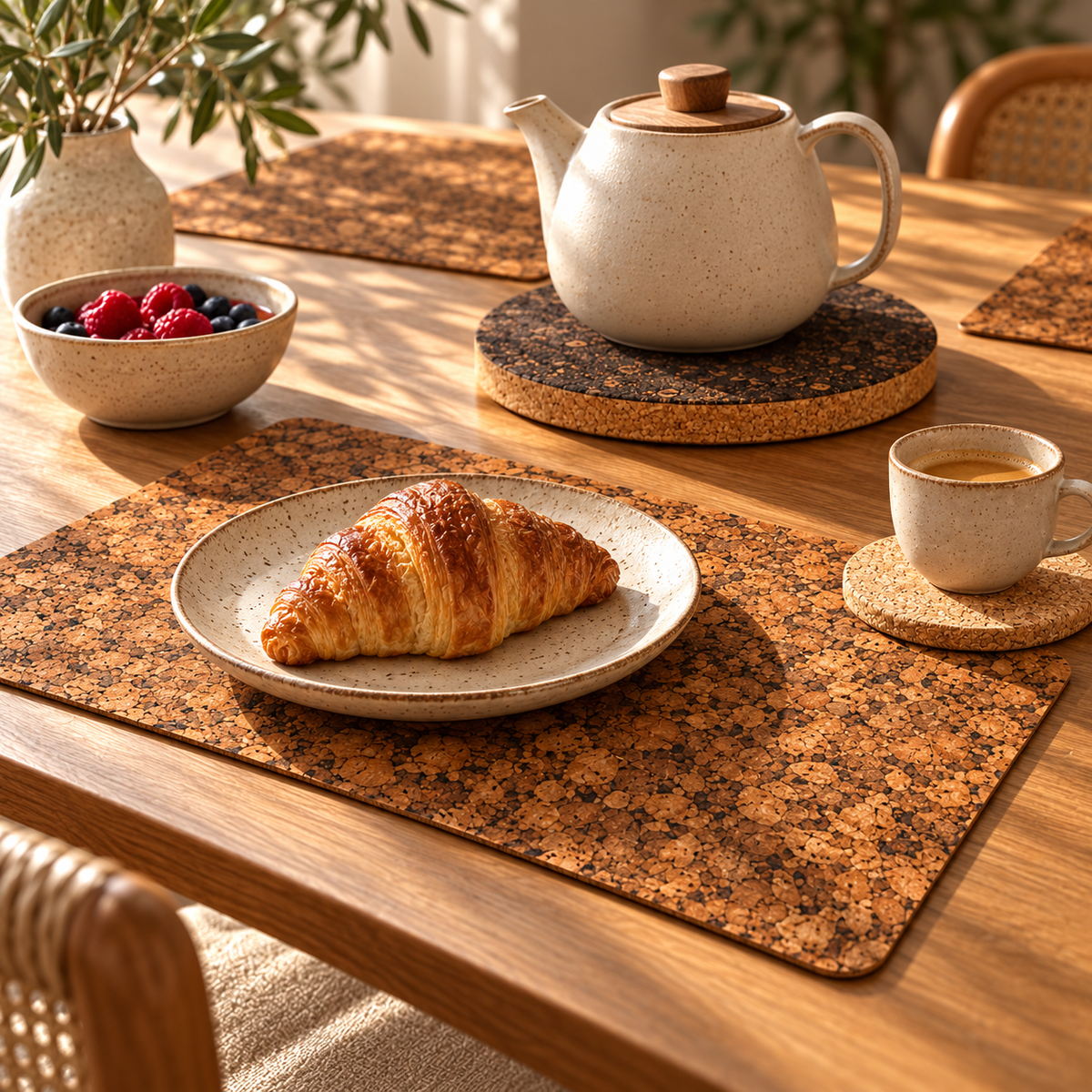 Samba cork placemat with morning pastry and espresso on natural cork coaster; dark cork trivet supports a teapot.