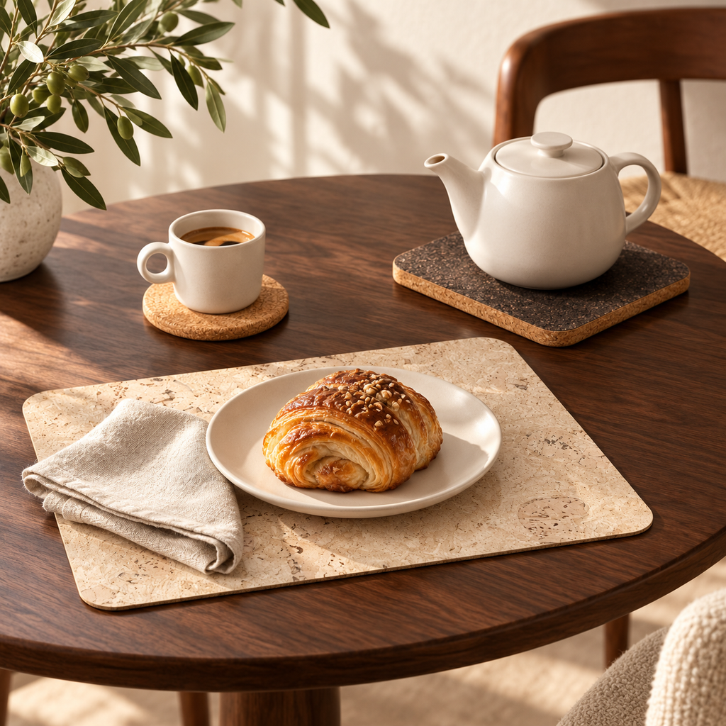 Saphire cork placemat, round cork coaster and square dark trivet in a warm coffee and tea lifestyle scene