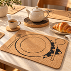 Coffee and croissant beside a printed natural cork Table Service placemat, with round coaster and thick dark cork trivet.