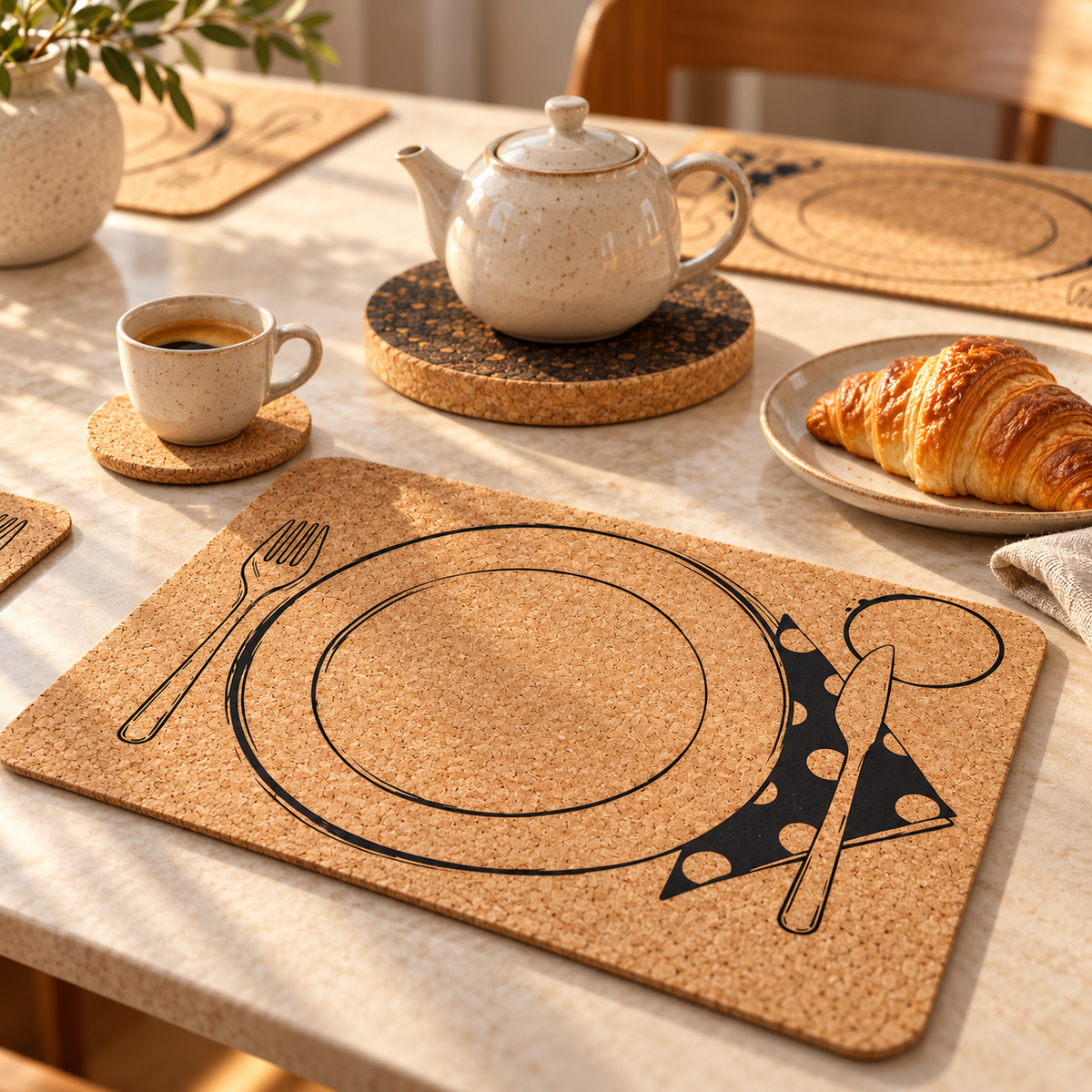 Coffee and croissant beside a printed natural cork Table Service placemat, with round coaster and thick dark cork trivet.