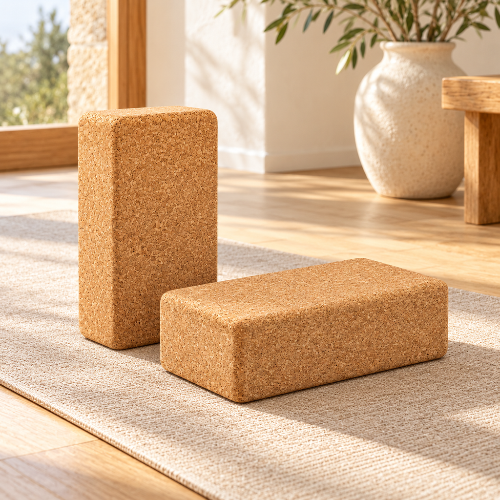 Two matching CorkMart natural cork yoga blocks, 65 mm height, arranged on a soft yoga mat in a bright home