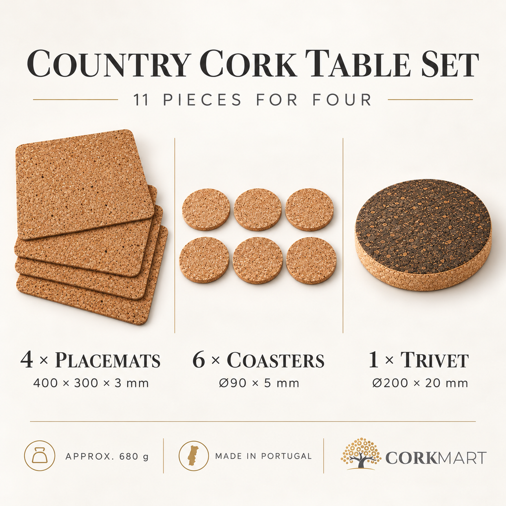 Country cork table set infographic — 4 placemats 400 x 300 x 3 mm, 6 coasters 90 x 5 mm, 1 trivet 200 x 20 mm, about 680 g, CorkMart logo