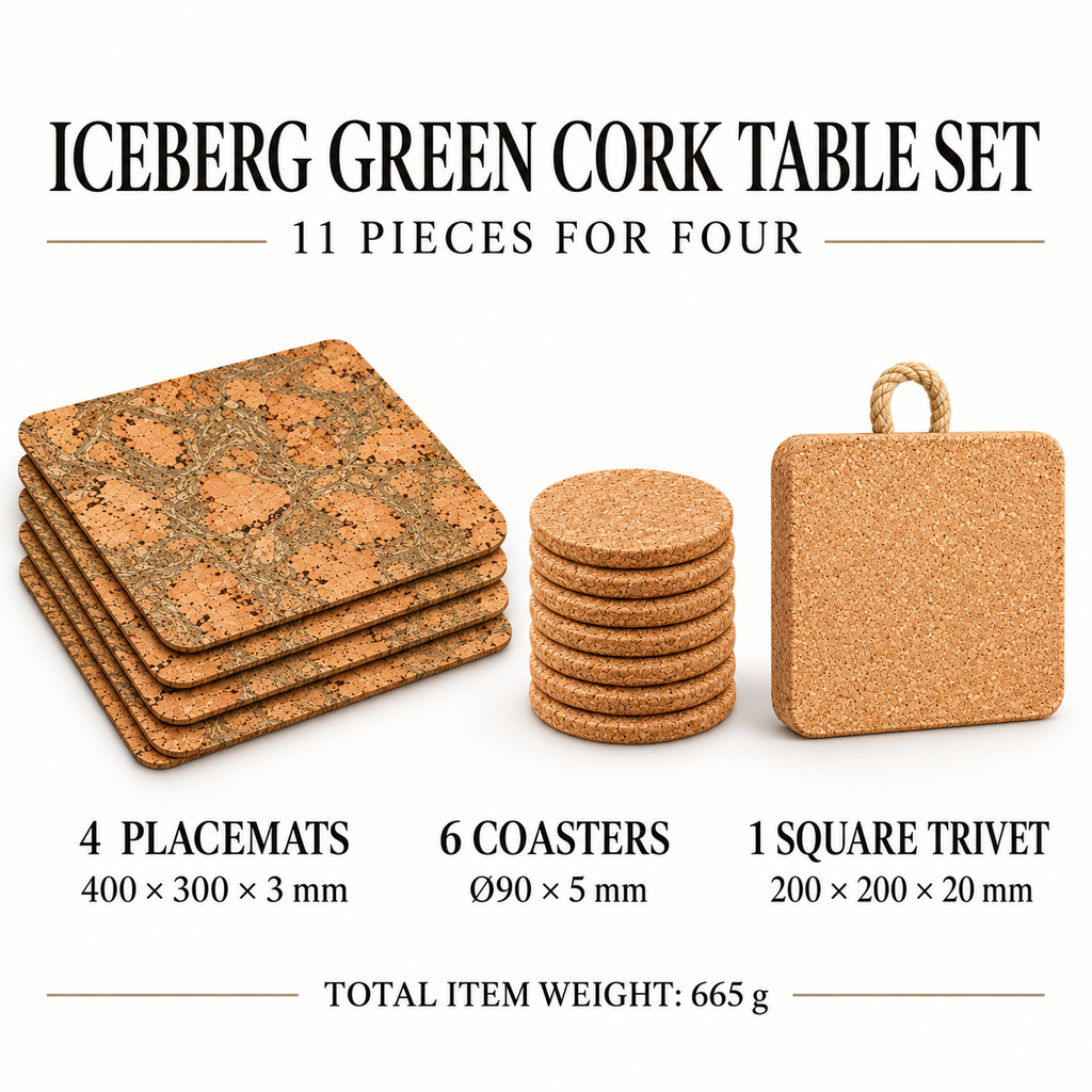 Iceberg Green cork table set infographic: four placemats 400 by 300 by 3 mm; six coasters diameter 90 by 5 mm; square trivet 200 by 200 by 20 mm; total weight 665 g