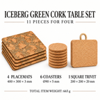 Iceberg Green cork table set infographic: four placemats 400 by 300 by 3 mm; six coasters diameter 90 by 5 mm; square trivet 200 by 200 by 20 mm; total weight 665 g