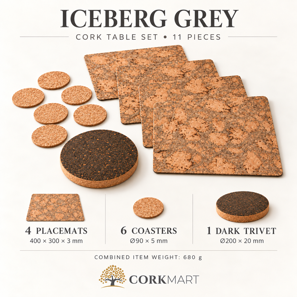 Iceberg Grey 11-piece CorkMart infographic: four 400 × 300 × 3 mm placemats, six Ø90 × 5 mm coasters, dark Ø200 × 20 mm trivet, combined 680 g, CorkMart logo