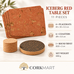 Iceberg Red Cork Table Set infographic: four 400 × 300 × 3 mm placemats, six Ø90 × 5 mm coasters, one Ø200 × 20 mm dark trivet, total 680 g and official CorkMart logo