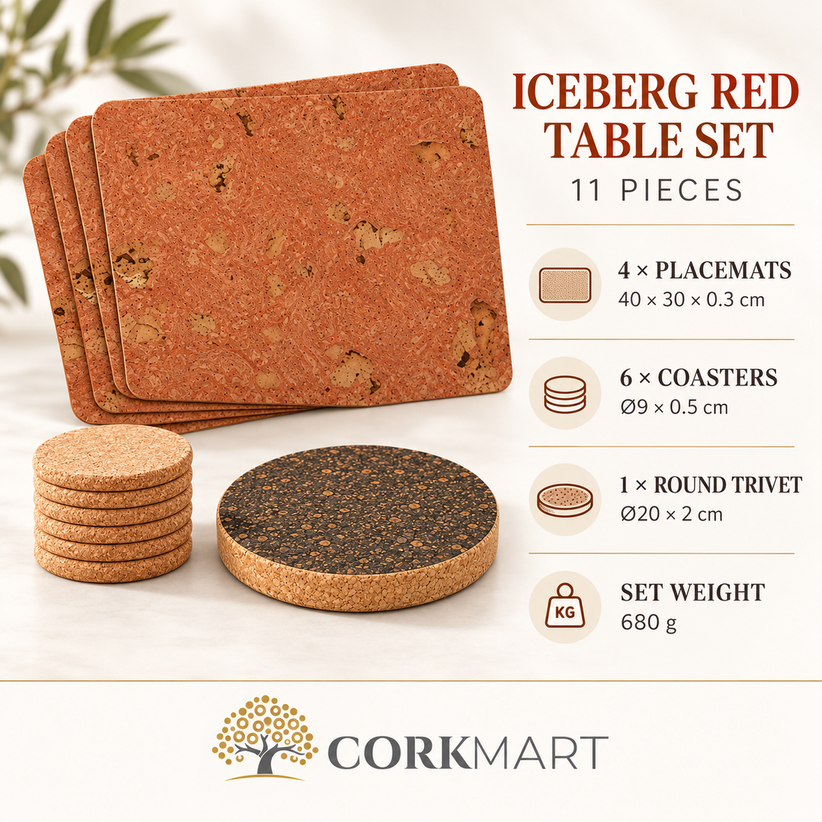 Iceberg Red Cork Table Set infographic: four 400 × 300 × 3 mm placemats, six Ø90 × 5 mm coasters, one Ø200 × 20 mm dark trivet, total 680 g and official CorkMart logo