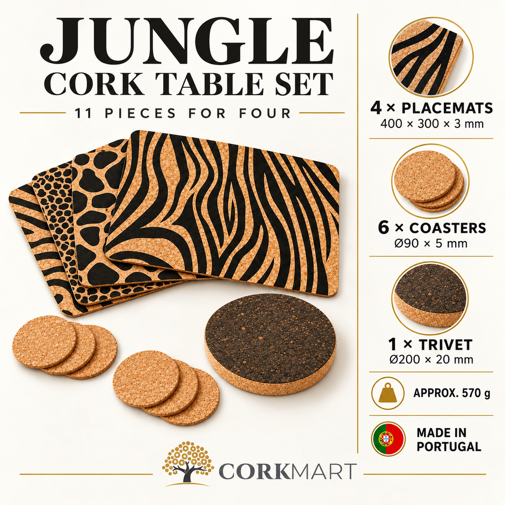 Jungle CorkMart table set infographic: 4 placemats 400 × 300 × 3 mm, 6 coasters Ø90 × 5 mm, 1 trivet Ø200 × 20 mm, approximately 570 g