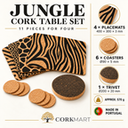 Jungle CorkMart table set infographic: 4 placemats 400 × 300 × 3 mm, 6 coasters Ø90 × 5 mm, 1 trivet Ø200 × 20 mm, approximately 570 g