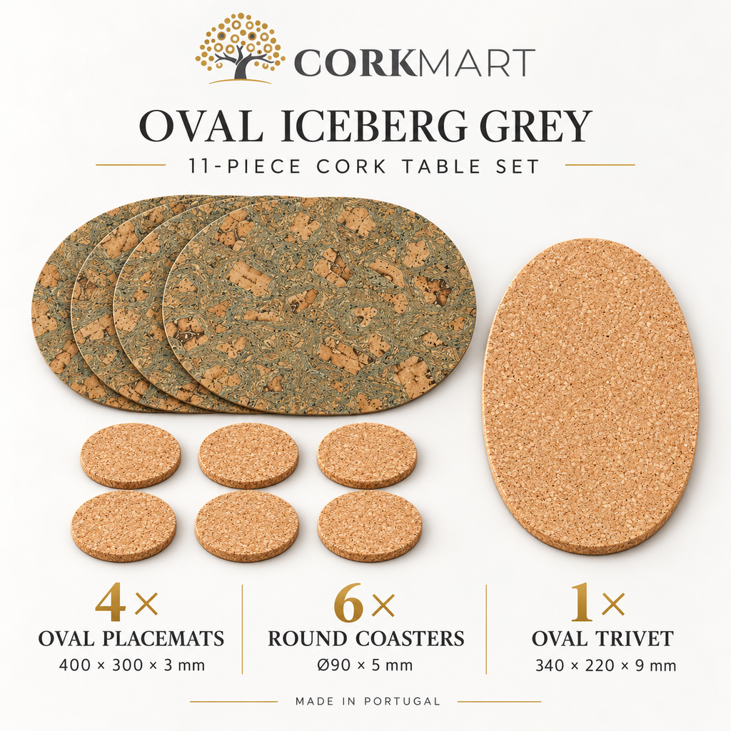 CorkMart specification infographic: 4 oval Iceberg Grey placemats 400 × 300 × 3 mm, 6 round cork coasters Ø90 × 5 mm, 1 oval cork trivet 340 × 220 × 9 mm.