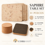 Saphire Cork Table Set infographic: four 40 x 30 x 0.3 cm placemats, six 9 cm coasters, one 20 x 20 x 2 cm trivet, 735 g, with CorkMart logo