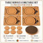 CorkMart branded Table Service 11-piece set infographic: four 400 × 300 × 3 mm printed cork placemats, six Ø90 × 5 mm coasters, one Ø200 × 20 mm dark trivet; approx. 570 g.