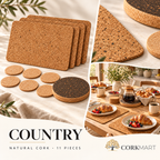 Country cork table set premium collage of studio, breakfast and macro views with CorkMart logo