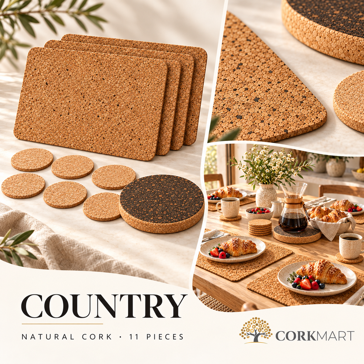 Country cork table set premium collage of studio, breakfast and macro views with CorkMart logo