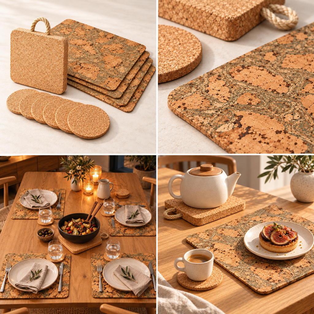 Editorial collage of the Iceberg Green cork table set, material macro, dinner for four and coffee setting