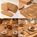 Editorial collage of the Iceberg Green cork table set, material macro, dinner for four and coffee setting