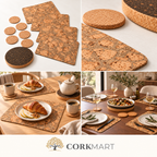CorkMart branded collage of Iceberg Grey cork table set, tactile detail, breakfast and dining lifestyle images