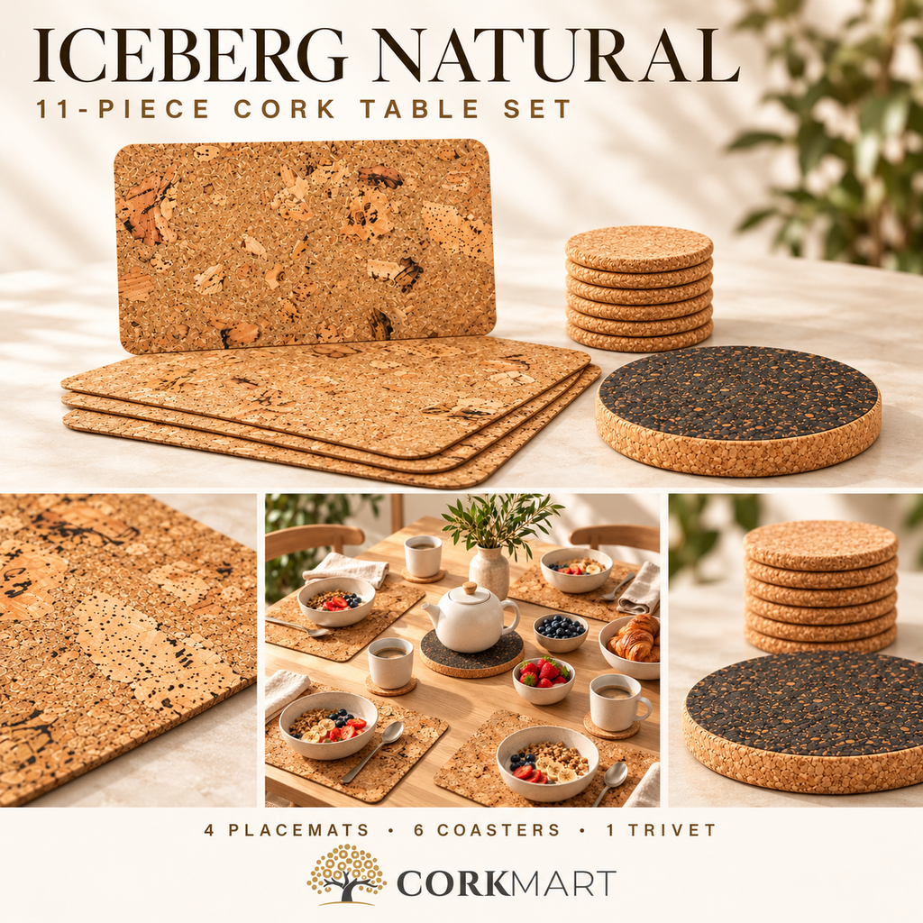CorkMart branded Iceberg Natural 11-piece photo collage with product set, macro natural cork detail, breakfast lifestyle and coasters/trivet.