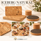 CorkMart branded Iceberg Natural 11-piece photo collage with product set, macro natural cork detail, breakfast lifestyle and coasters/trivet.