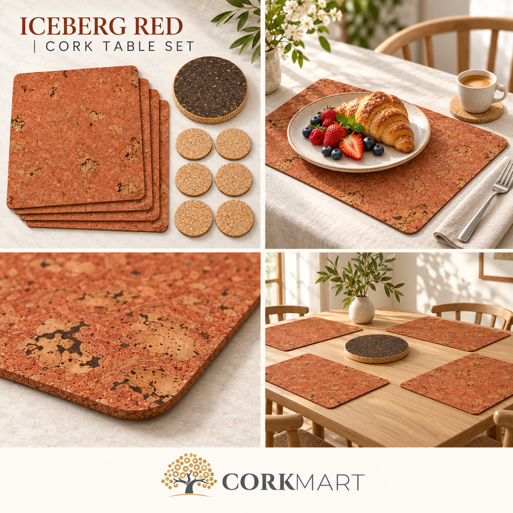 Iceberg Red Cork Table Set editorial collage of product, macro and lifestyle photographs, with official CorkMart logo