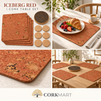 Iceberg Red Cork Table Set editorial collage of product, macro and lifestyle photographs, with official CorkMart logo