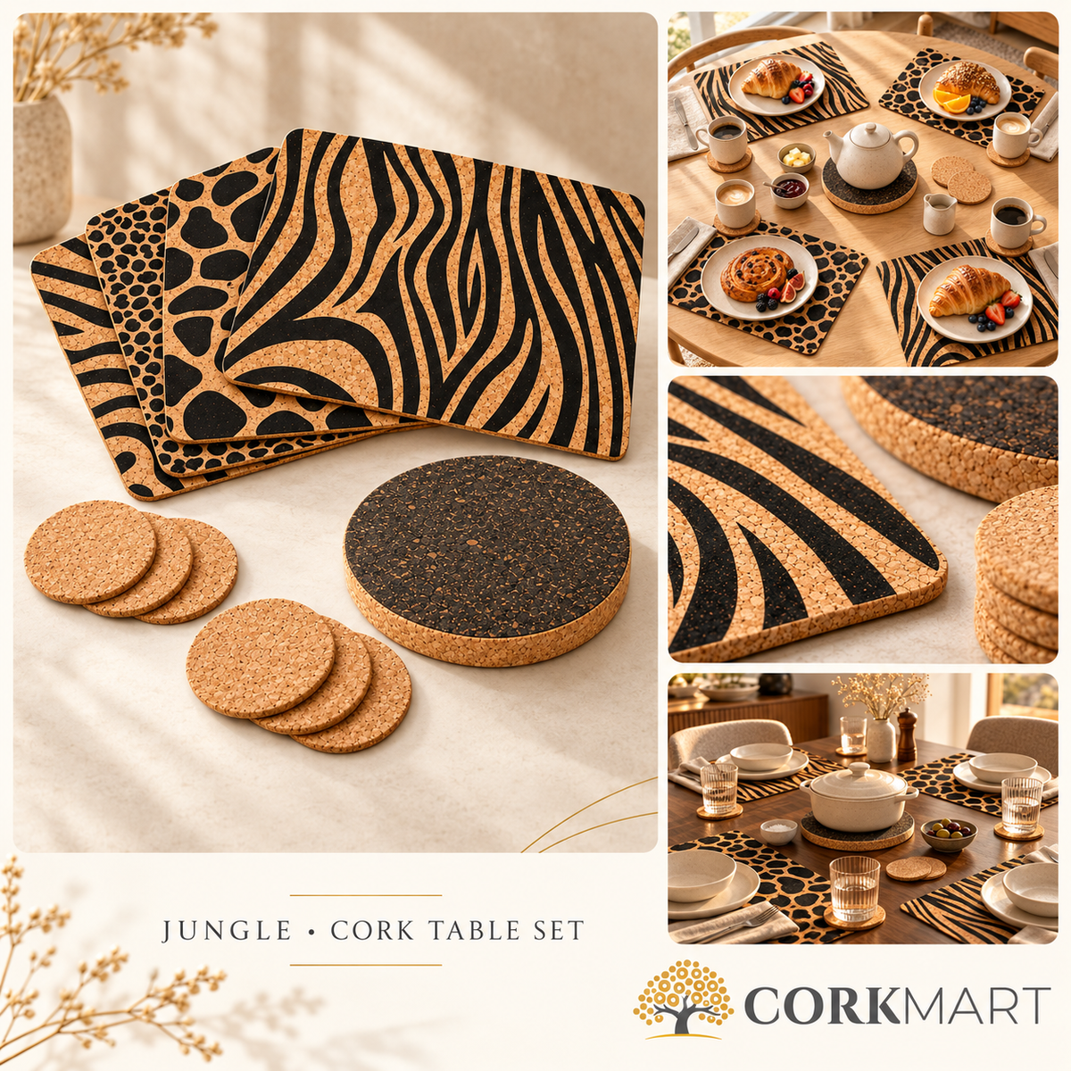 Jungle cork table set premium photo collage with CorkMart logo, product, breakfast, dining and macro views