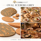 CorkMart editorial four-panel collage of the Oval Iceberg Grey 11-piece cork table set, material macro, breakfast and dinner settings.